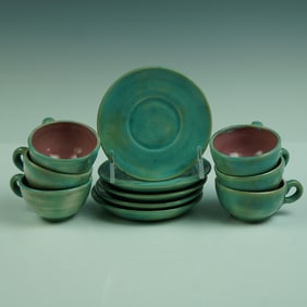 11 pc. Pisgah Forest 1942 Pottery Teal & Rose Tea Set