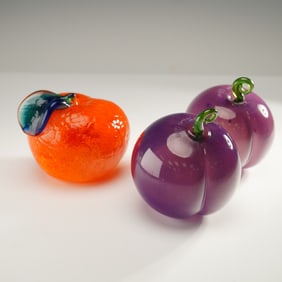 3pc Artist Signed Art Glass Studio Fruit Figurines, Plums and Orange