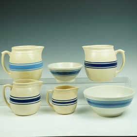 6 Pc. Blue Banded Stoneware Mixing & Cream Pitcher Set