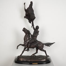 Frederic Remington, Bronze Sculpture on Marble Base, Buffalo Signal, Signed