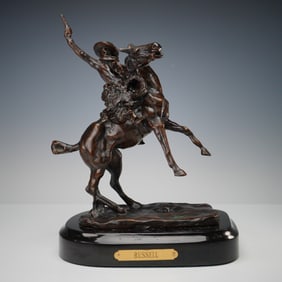 After C.M. Russell, Bronze Sculpture, Smokin' Up