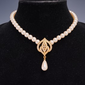 Marvella Faux Pearl Necklace with Crystal Drop Pendant
