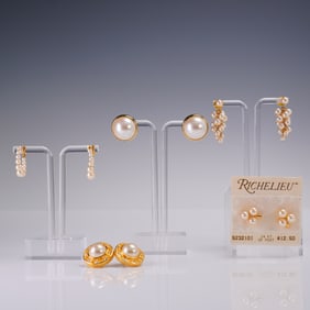 5 Pair Gold Tone Faux Pearl Post Earrings Lot