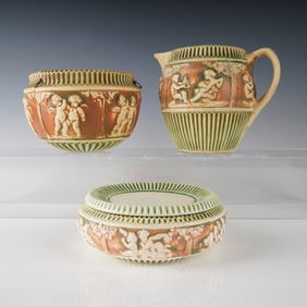 4pc Roseville Pottery Donatello, Hanging Planter, Pitcher, Bowl