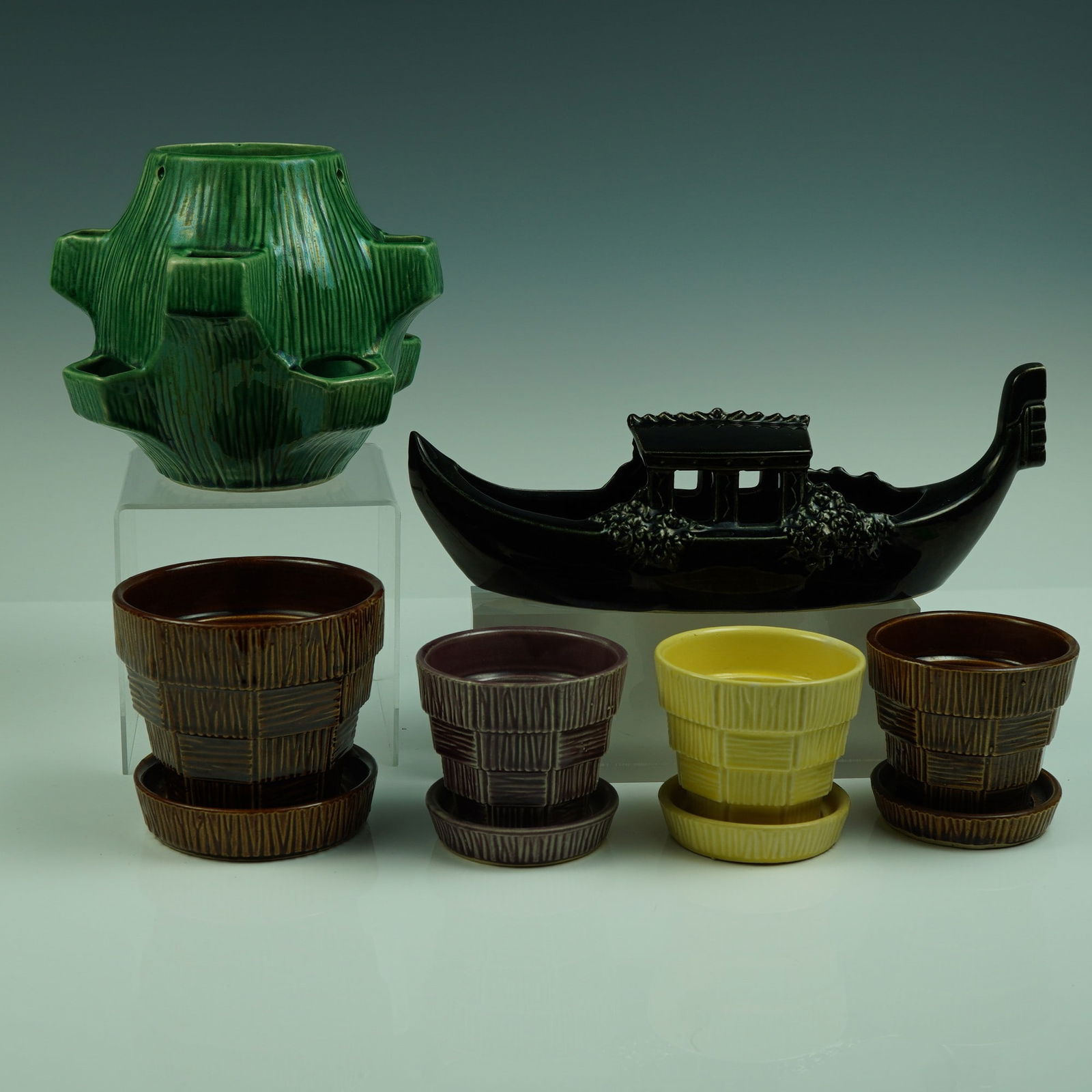 6 Pc. Mid-Century McCoy Pottery Group w/ Stawberry Pot & Gondola (1 of 7)