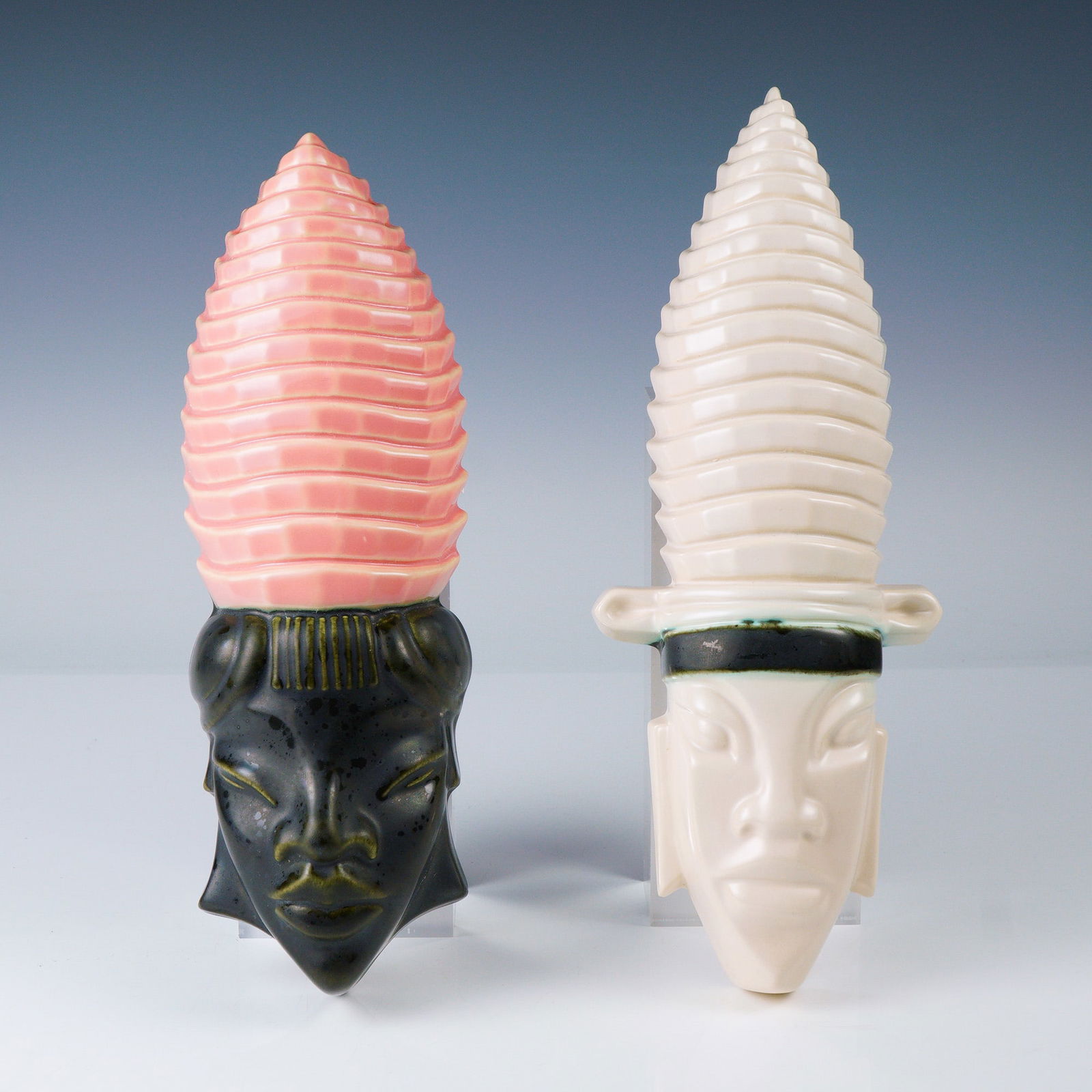 2pc Midcentury Modern Ceramic Wall Pockets with Tribal Motif (1 of 6)