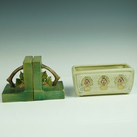 3 pc Arts & Crafts Roseville Bushberry Bookends & Weller Dupont Planter