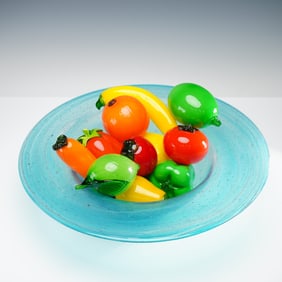 12pc Studio Art Glass Assorted Fruits and Vegetable with Large Bowl