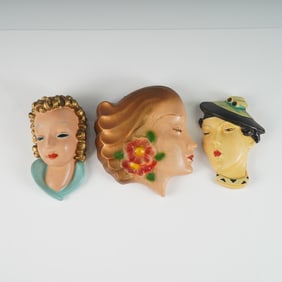 Group of 3 Mid-Century Chalkware Lady Head Wall Plaques
