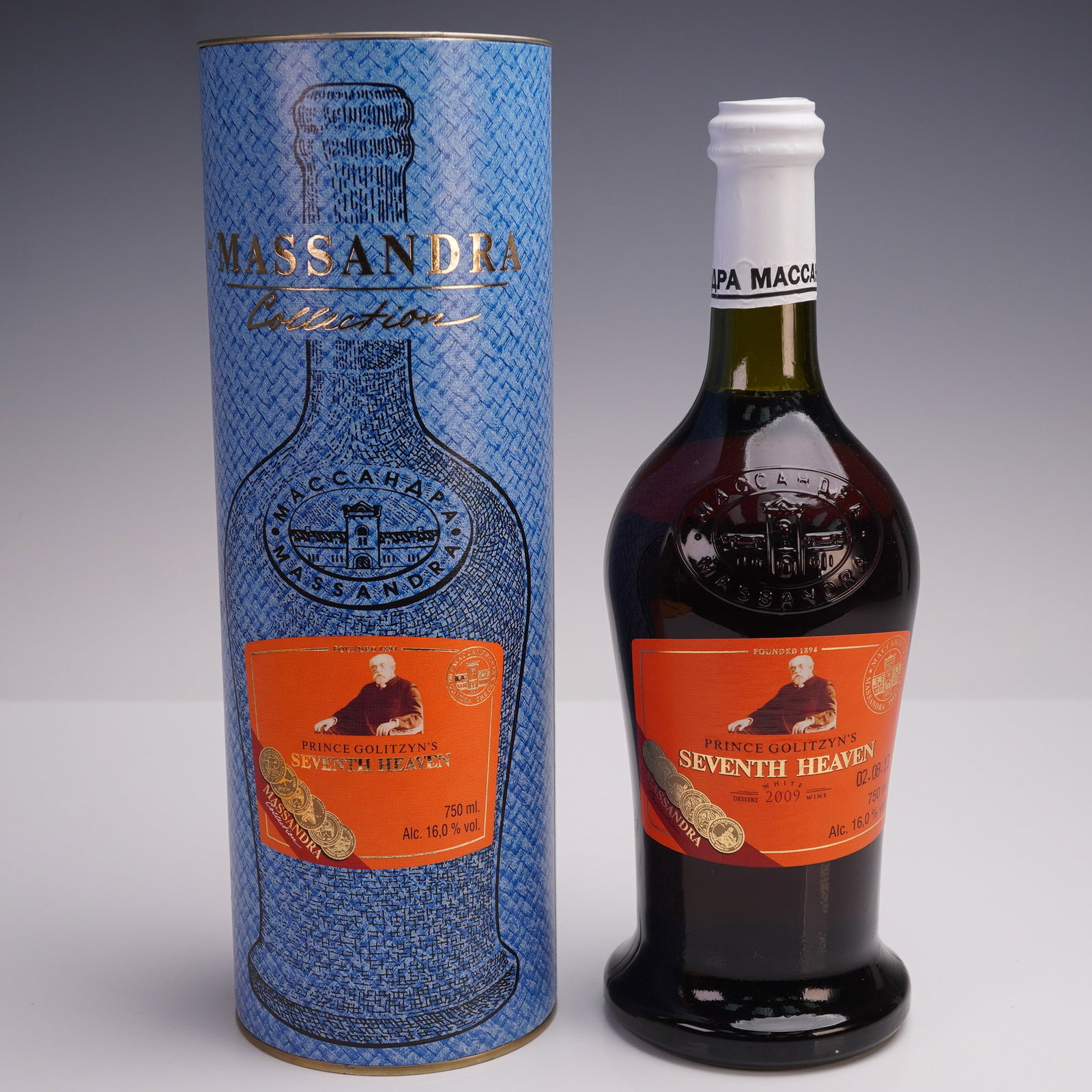 Massandra Prince Golitzyn's Seventh Heaven Dessert Wine 2009, 750ml: A 750ml bottle of Prince Golitzyn's Seventh Heaven, a 2009 vintage white dessert wine produced by the historic Massandra Winery of Crimea. Crafted from noble white grape varieties including Kokur Whit