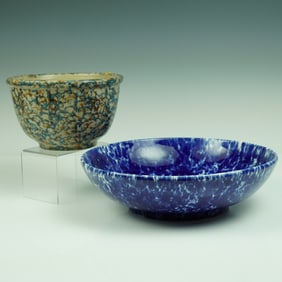 2 Pc. Spongeware & Graniteware Bowls Including Advertising Stoneware Ohio