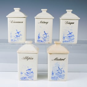 5pc Dutch-Style Ceramic Spice Canisters, Windmill Motif