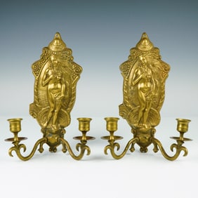 2pc Art Nouveau Style Brass Wall Sconces, Venus