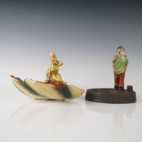 2pc Vintage Figural Ashtrays: Ceramic Mermaid and Cast Iron Boy with Basket