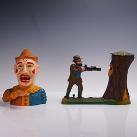 2pc Cast Iron Mechanical Banks Clown and Teddy