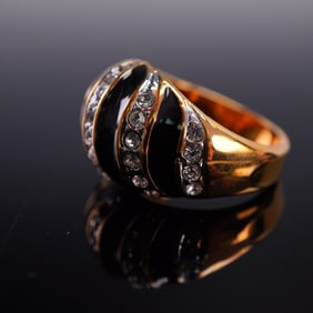 Gold Tone Dome Ring with Black Enamel and Rhinestones