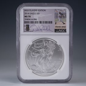2014 Silver Eagle Dollar Coin, NGC MS70 Derek Jeter MLB Label