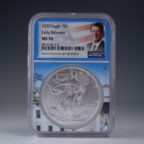 2020 Silver Eagle Dollar Coin, NGC MS70 Reagan Label Early Releases