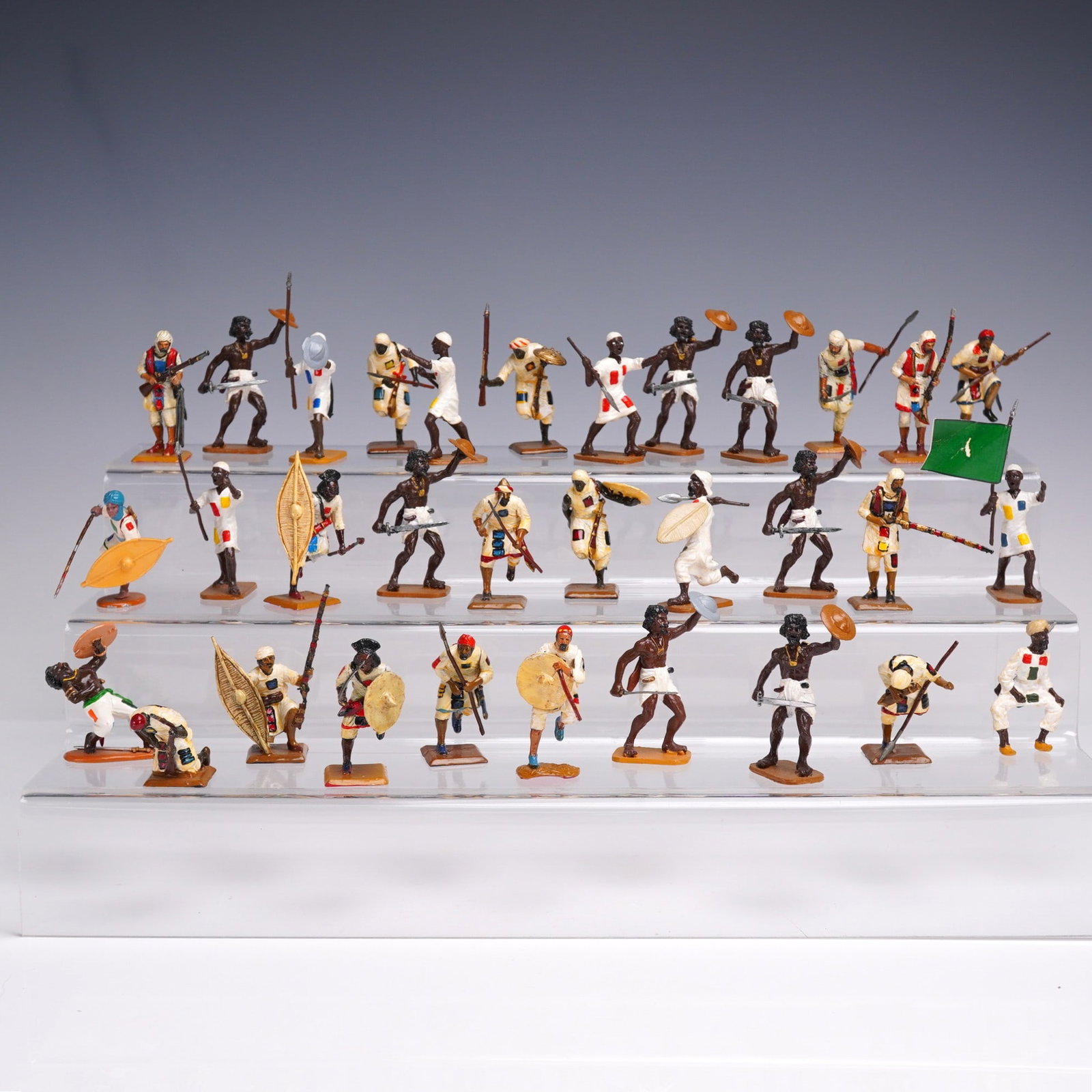 32pc El Templario Toy Soldiers Mahdist Infantry Figure Set: Set of 32 hand-painted metal infantry figures by El Templario depicting Sudanese Mahdist warriors from the late 19th century. This detailed group includes tribal foot soldiers wielding spears, shields