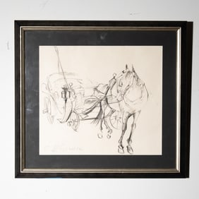 Original Pencil Drawing of Horse and Carriage, Signed