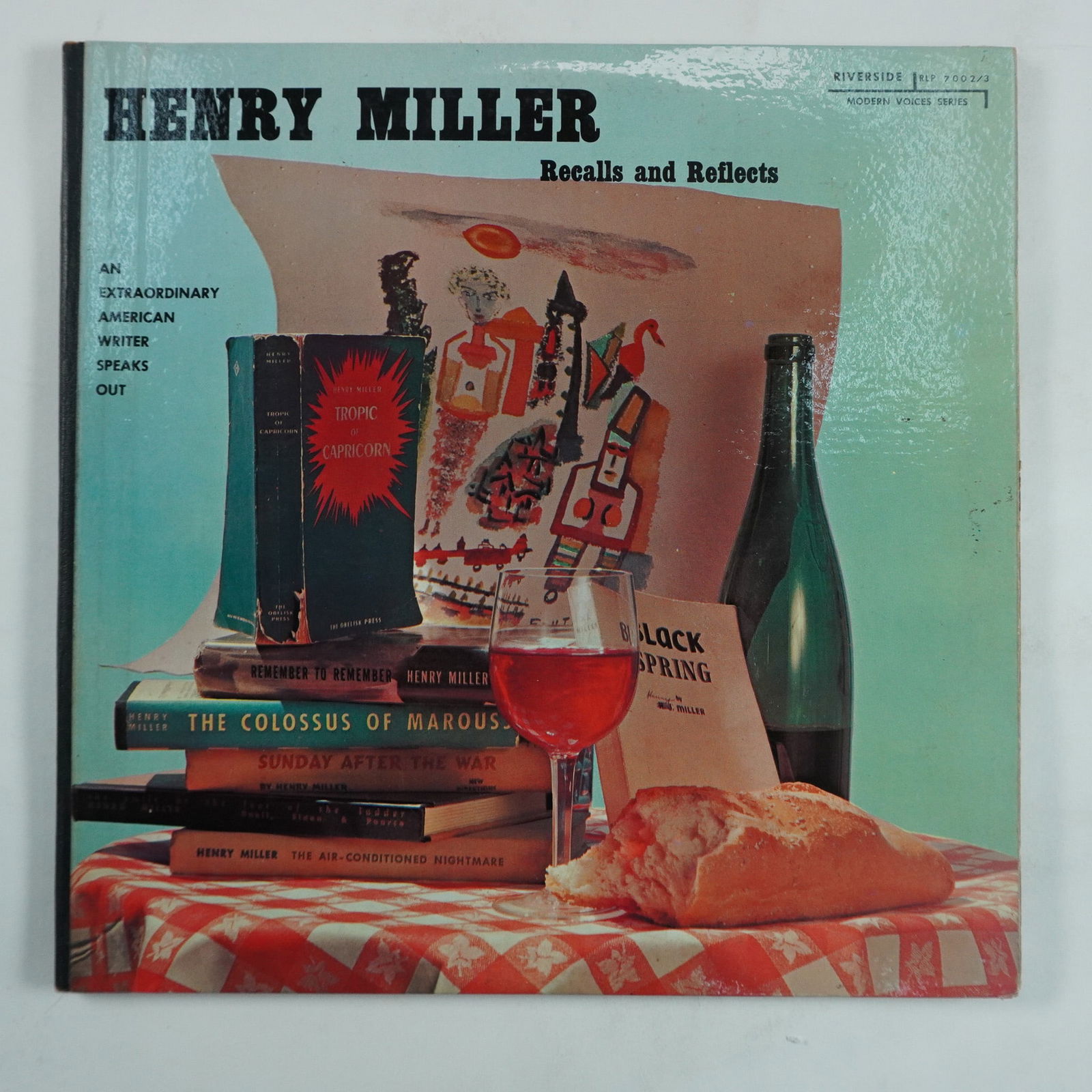 Henry Miller Vinyl Record, Recalls and Reflects: Vintage vinyl record Recalls and Reflects by Henry Miller, released by Riverside Records. This spoken word album captures the renowned American writer reflecting on his life, artistic journey, and phi