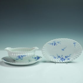 2pc Haviland Limoges Vegetable Plate & Gravy Boat, Blue Floral