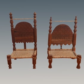2pc 19th Century Pakistani Cedar Low Chairs with Carved Backs + Woven Seats