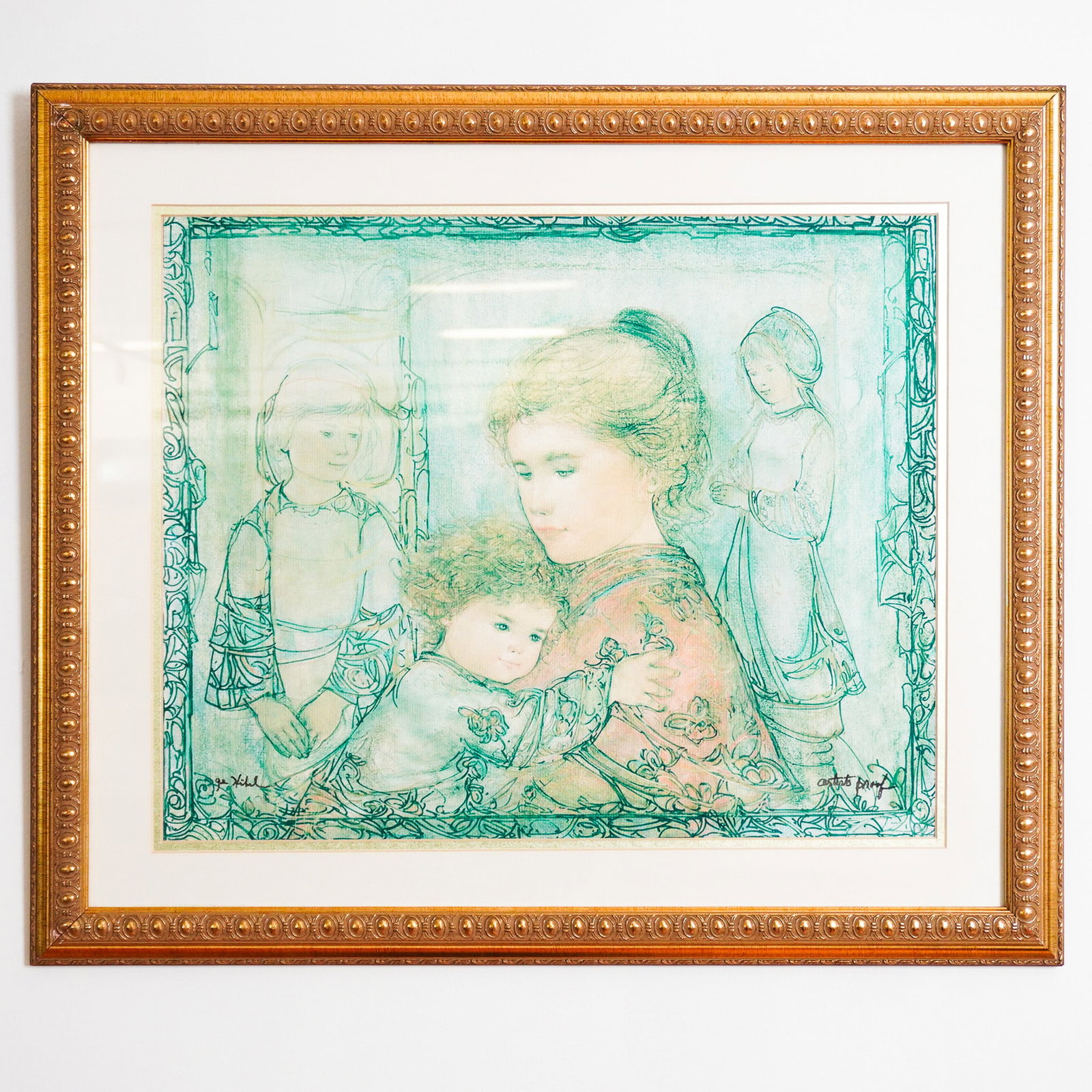 Edna Hibel Plotkin, Grand Future, Print on Paper, Signed: This exclusive giclee print by American artist Edna Hibel Plotkin, titled Grand Future, exemplifies her signature style of ethereal, maternal themes infused with delicate color palettes and flowing li