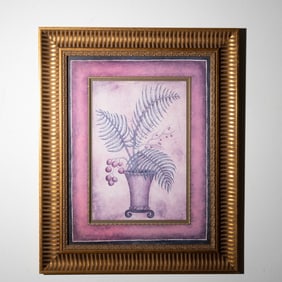 Neoclassical-Inspired Botanical Still Life Print in Ornate Gilt Frame