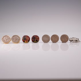Collection of Buffalo Nickel Cufflinks, Button Covers, and Pin