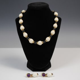 2pc Gold Tone Necklace and Earrings Set with White Beads