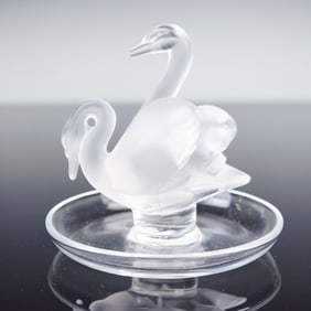 Lalique Crystal Deux Cygnes Round Pin Tray