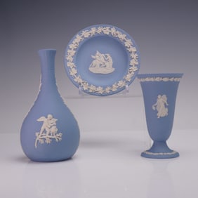 3pc Wedgwood Pale Blue Jasperware Vase and Tray