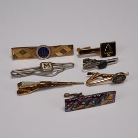 7pc Vintage Men's Tie Clips - Watch, Monogram, Rifle & Enamel Design