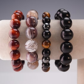 4pc Natural Stone Beaded Bracelet Collection w/ Tiger Eye, Agate & Onyx