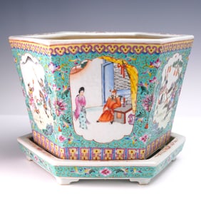 2pc Chinese Guangxu Famille Rose Hexagonal Planter with Underplate