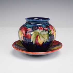 2pc Moorcroft Pottery by Walter Moorcroft Saucer and Vase, Leaf and Berry