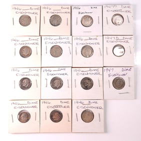 15pc Roosevelt Silver Dimes 1946-1947 in Holders
