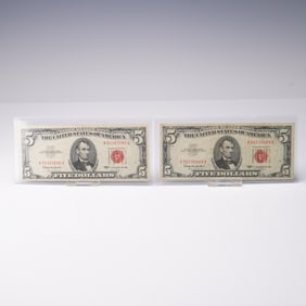 Pair of 1963 $5 U.S. Mule Notes Fr. 1536 with Back Plate Numbers 1 and 5