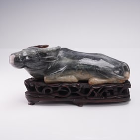2pc Chinese Carved Jade Water Buffalo Figurine with Base
