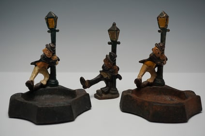 3pc Antique Cast Iron Drunkard Ashtrays and Match Holder Set