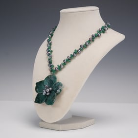 Carved Green Stone and Freshwater Pearl Necklace