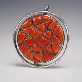Silver and Coral Inlay Swivel Pendant