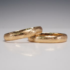 Pair of 14K Gold Engraved Bangle Bracelets