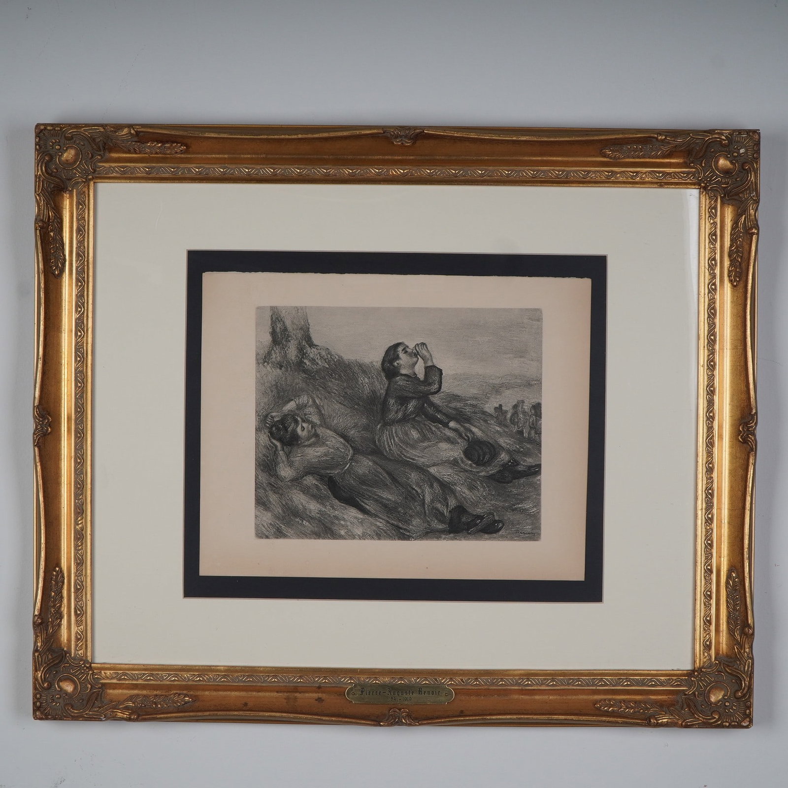 Pierre-Auguste Renoir, 1919 Copper Plate Heliogravure on Paper, Haymakers: A beautiful and richly toned copper plate heliogravure of The Resting Haymakers (La Fenaison), created in 1919 after the original by Pierre-Auguste Renoir, one of the most celebrated masters of French