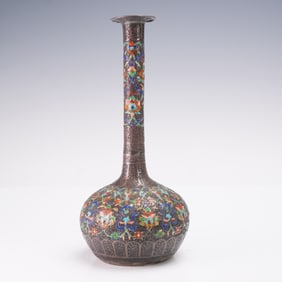 Persian Enameled and Silver Engraved Bottle-Shaped Vase