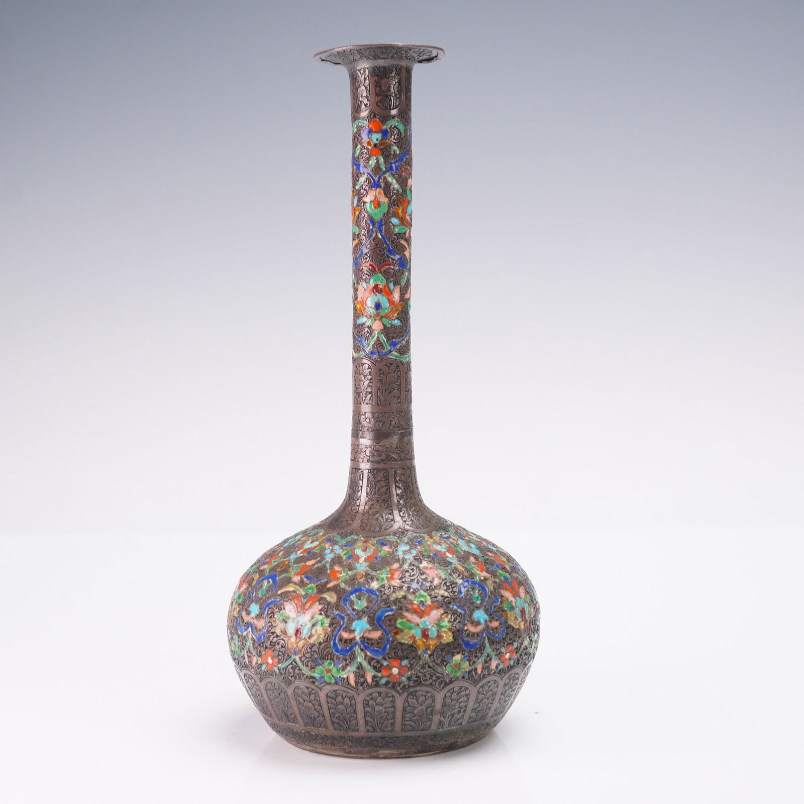 Persian Enameled and Silver Engraved Bottle-Shaped Vase (1 of 7)