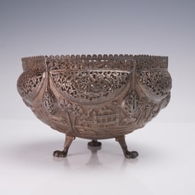Indian Silver Repousse Village and Animal Scene Bowl