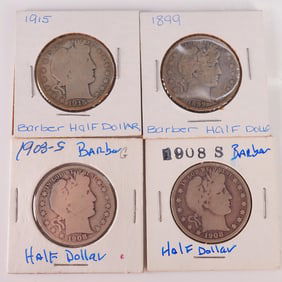 4pc U.S. Barber Half Dollars 1899-1915 Mixed Lot