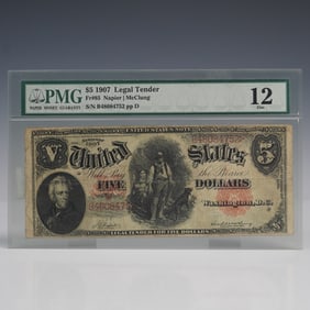 1907 $5 Legal Tender Woodchopper Banknote PMG Graded Fine 12